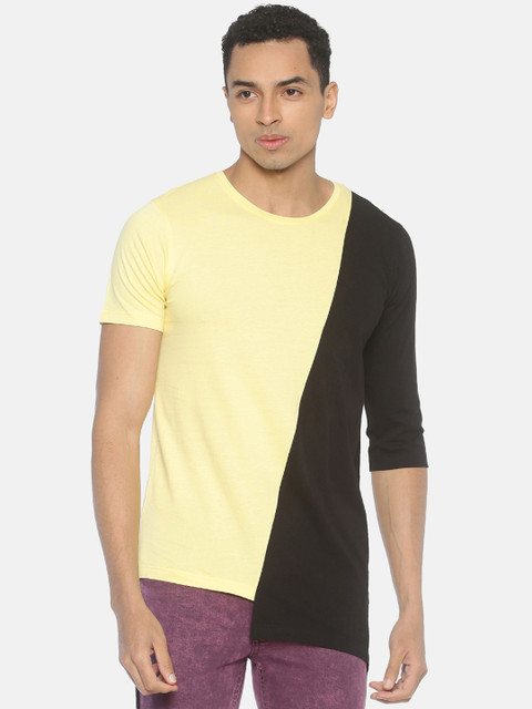 

KULTPRIT Men Yellow & Black Colourblocked Round Neck T-shirt