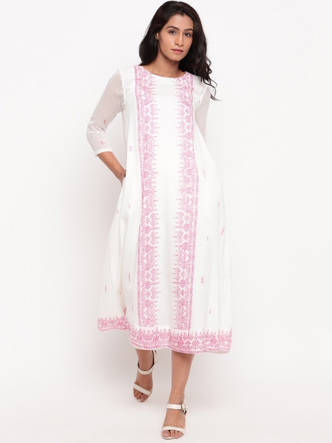 

trueBrowns Women White & Pink Printed A-Line Dress