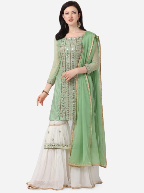 

Stylee LIFESTYLE Green & White Satin Semi-Stitched Dress Material