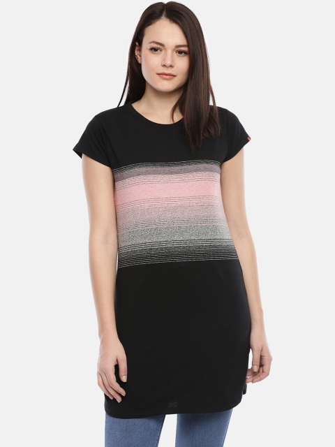 

GOLDSTROMS Women Black & Pink Striped Round Neck Longline T-shirt