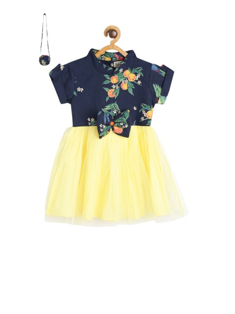 

Bella Moda Girls Yellow & Navy Blue Printed Fit and Flare Dress with a Sling Bag