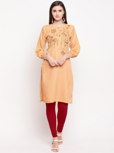

Kvsfab Women Beige Embroidered Straight Kurta