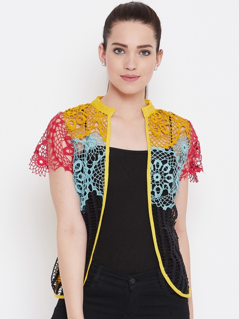 

FIZERA Women Mustard Yellow & Pink Self Design Open Front Shrug