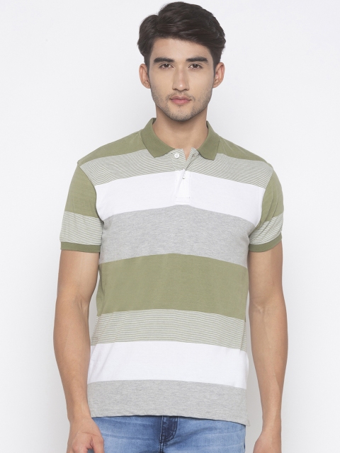 

Globus Men Olive Green & White Striped Polo Collar T-shirt
