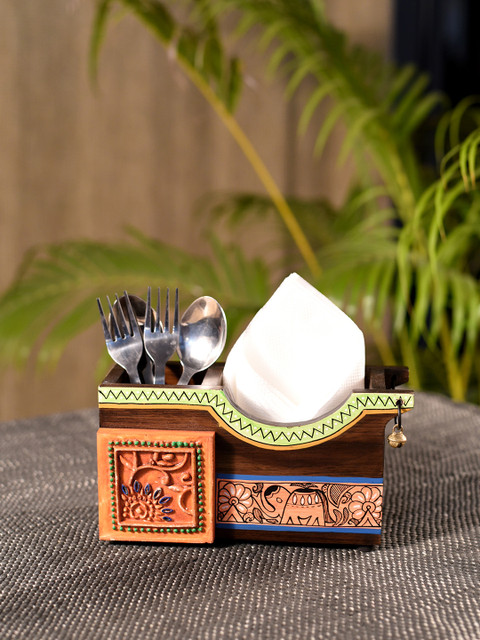 

Unravel India Brown & Orange Handpainted Two Partition Wooden Cutlery Holder