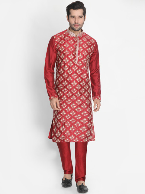 

VASTRAMAY Men Red & Beige Woven Design Kurta with Pyjamas