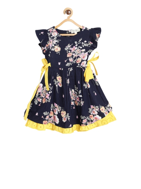 Bella Moda Girls Navy Blue & Pink Printed Fit and Flare Dress
