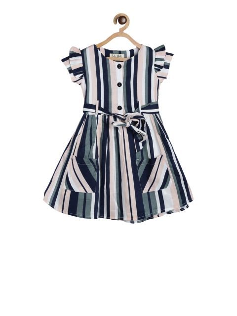 

Bella Moda Girls Beige & Navy Blue Striped Fit and Flare Dress