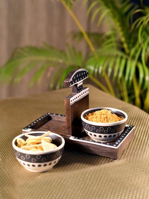 

Unravel India Set of 2 Black Handpainted Snack Bowls With Brown Wooden Tray