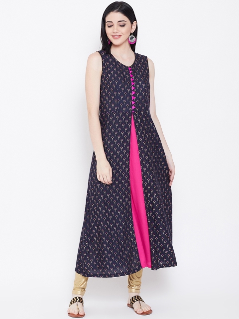 

studio rasa Women Navy Blue & Pink Printed A-Line Kurta