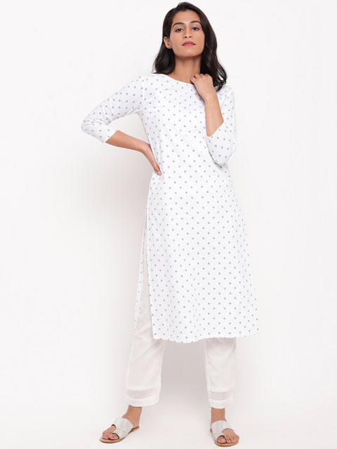

trueBrowns Women White & Blue Printed Straight Kurta