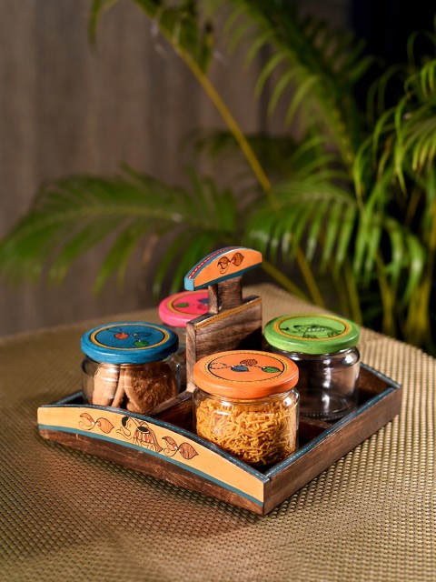 

Unravel India Set of 4 Transparent Handpainted Cookies & Snacks Jars With Brown Holder Stand