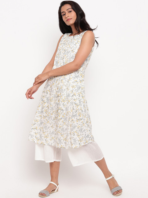 

trueBrowns Women White & Yellow Floral Print A-Line Kurta