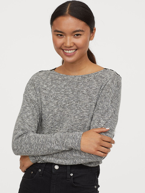 

H&M Women Grey & Black Lace-Trimmed Jumper