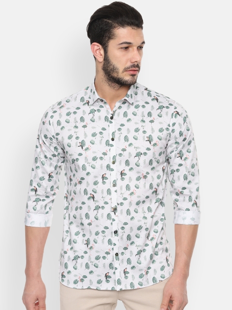 

V Dot Men White & Green Slim Fit Printed Casual Shirt