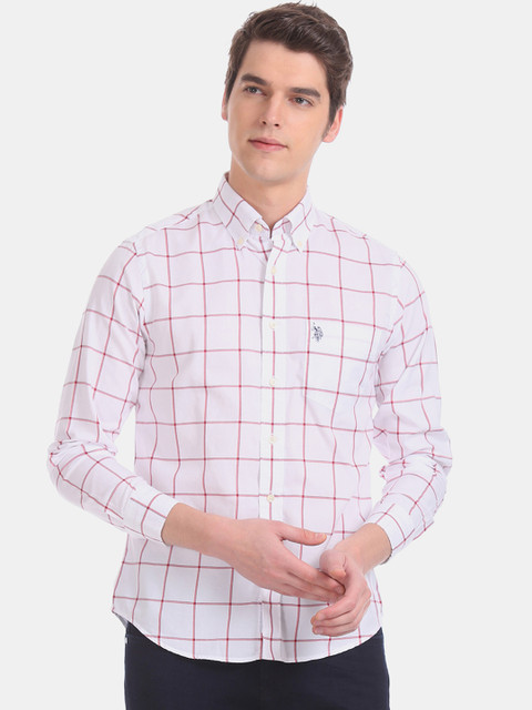 

U.S. Polo Assn. Men White & Pink Regular Fit Checked Casual Shirt