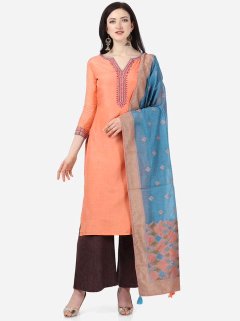 

Stylee LIFESTYLE Peach-Coloured & Brown Art Silk Unstitched Dress Material