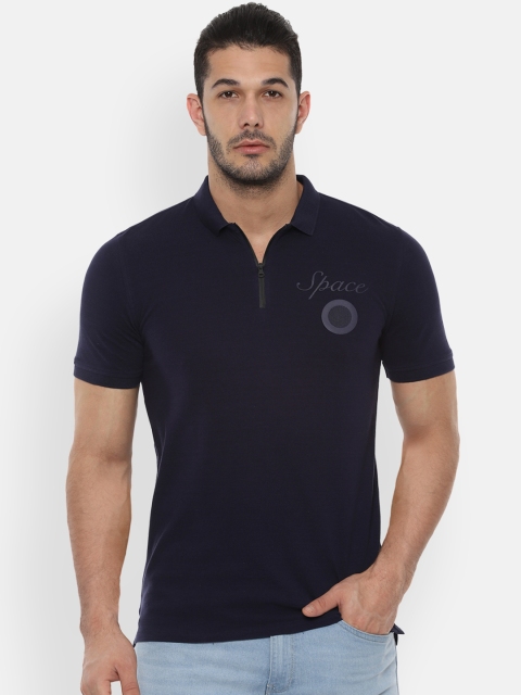 

V Dot Men Navy Blue Printed Polo Collar T-shirt