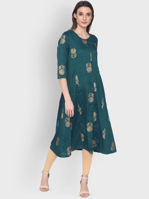 

Laabha Women Green & Gold-Coloured Printed A-Line Kurta