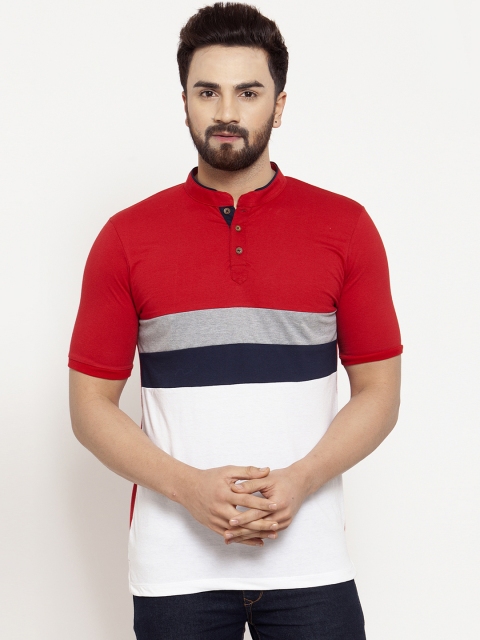 

Kalt Men Red & White Colourblocked Mandarin Collar T-shirt
