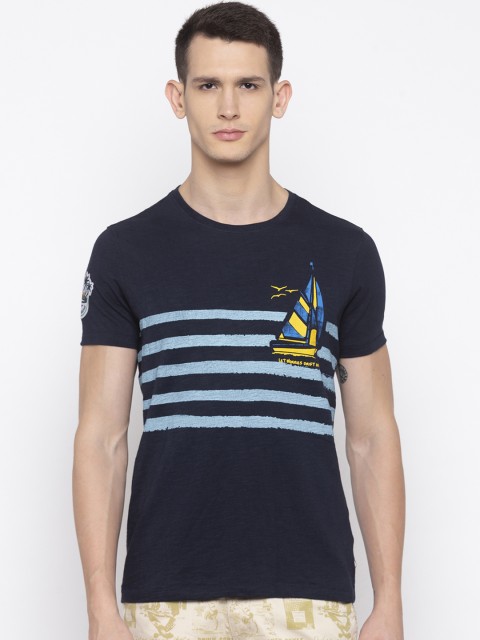

SPYKAR Men Navy Blue Striped Round Neck T-shirt