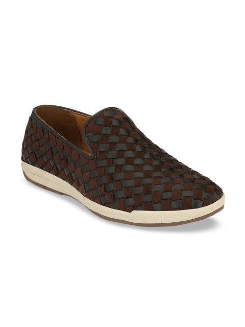 

Ferraiolo Men Brown & Grey Woven Design Leather Slip-On Sneakers