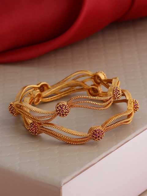 Shoshaa Set of 2 Gold-Plated & Purple Stone-Studded Spiral Bangles