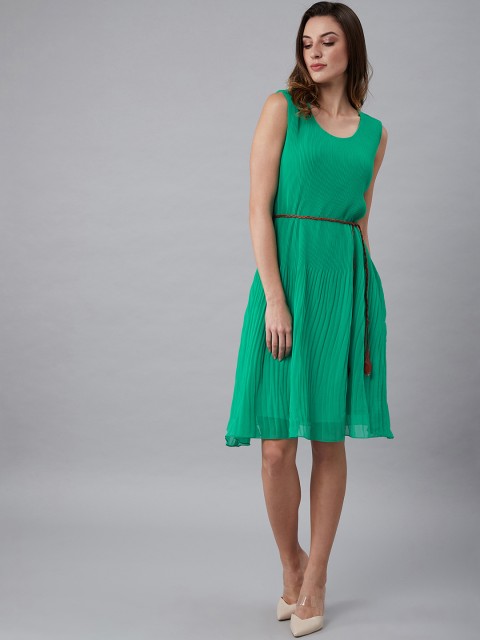 

Athena Women Green Solid Fit and Flare Dress