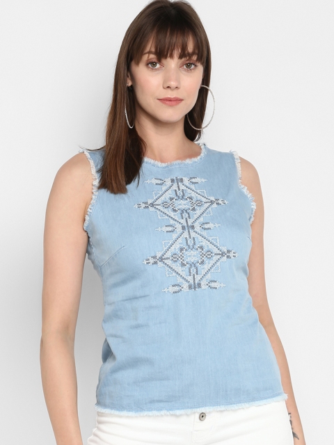 

FOSH Women Blue Embroidered Top