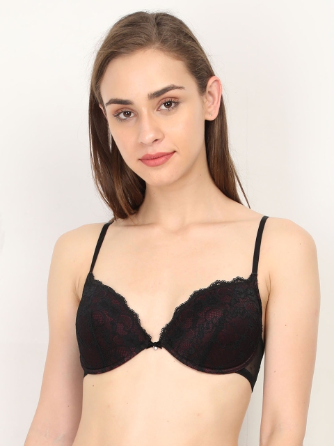 

WOMENSECRET Black & Pink Lace-Detailed Non-Wired Lightly Padded Everyday Bra