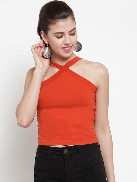 

Everlush Women Orange Solid Fitted Crop Top