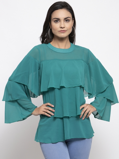 

Jompers Women Sea Green Solid Tiered Top