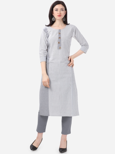 

Kvsfab Women White & Grey Striped Straight Kurta