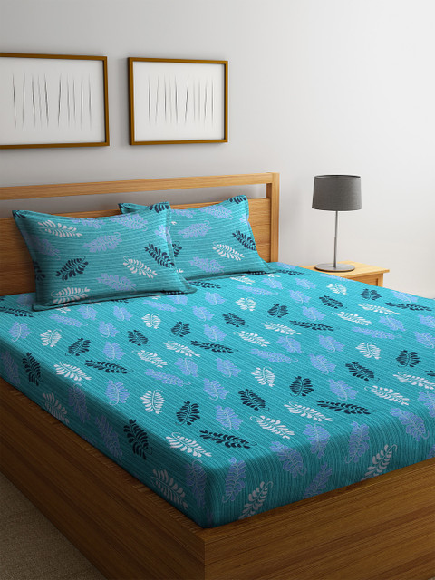 

MAFATLAL Turquoise Blue Floral 144 TC Cotton 1 King Bedsheet with 2 Pillow Covers