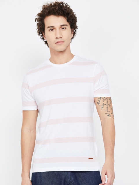 

CODE by Lifestyle Men White & Peach-Coloured Striped Round Neck T-shirt