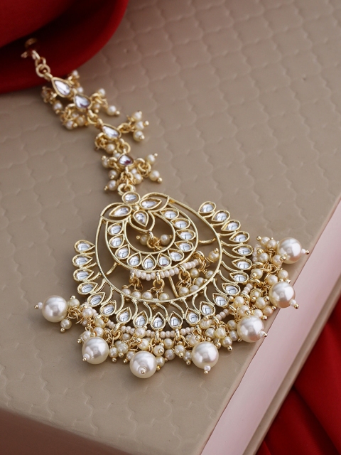 

Shoshaa Gold-Plated & Off White Kundan- Studded & Beaded Maang Tikka