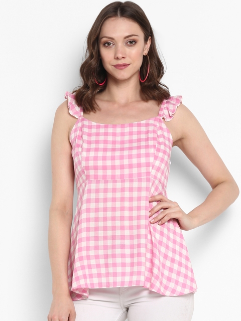 

FOSH Women Pink Checked Peplum Top
