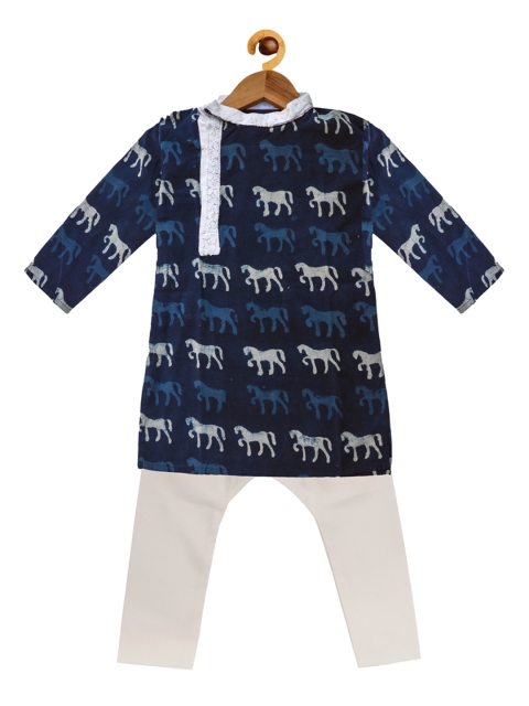 

SOULFULLY INDIAN Boys Blue & White Printed Kurta with Pyjamas