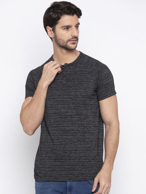 

SPYKAR Men Black Striped Henley Neck T-shirt