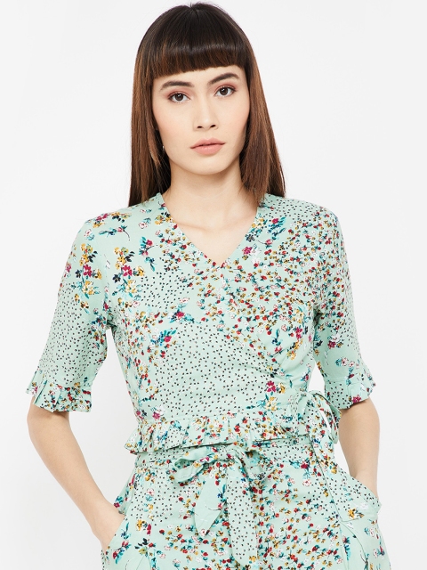 

Ginger by Lifestyle Women Sea Green Ditsy Floral Print Wrap Crop Top