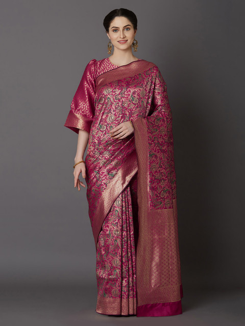 

Mitera Pink & Gold-Toned Silk Blend Woven Design Kanjeevaram Saree