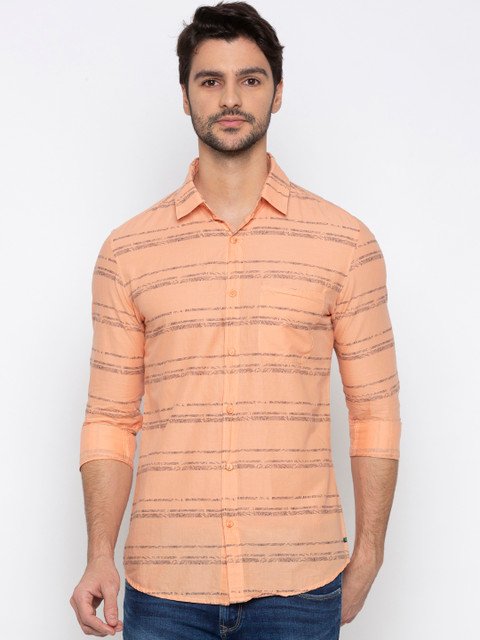 

SPYKAR Men Orange & Black Slim Fit Striped Casual Shirt