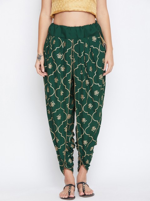 

9rasa Women Green & Gold-Coloured Crepe Dhoti Pants With Hand Block Print