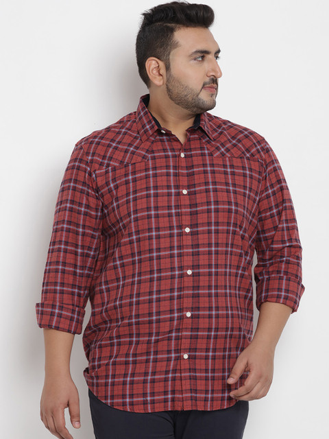 

John Pride Plus Size Men Red Black Regular Fit Checked Casual Shirt