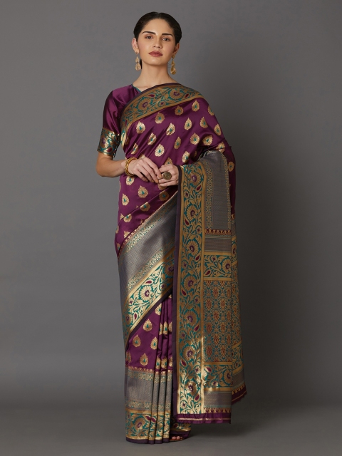 

Mitera Purple & Grey Silk Blend Woven Design Kanjeevaram Saree
