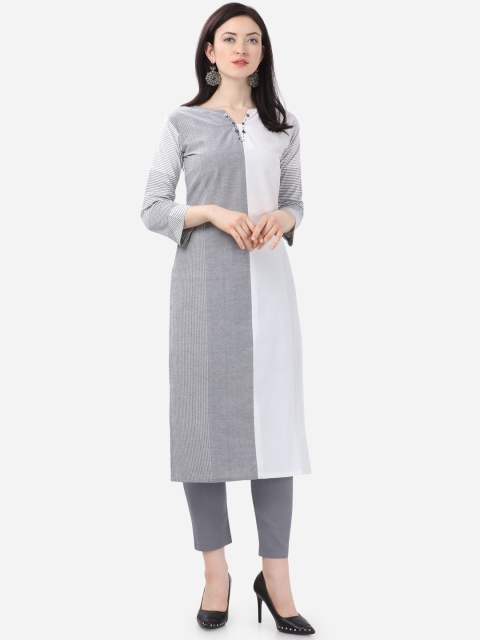 

Kvsfab Women White & Grey Striped Straight Kurta