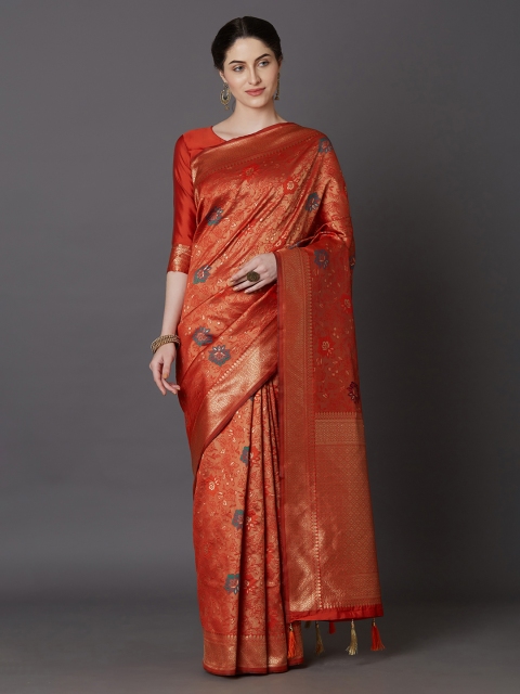 

Mitera Orange Silk Blend Woven Design Kanjeevaram Saree