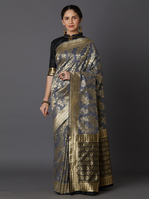 

Mitera Grey & Gold-Toned Silk Blend Woven Design Kanjeevaram Saree