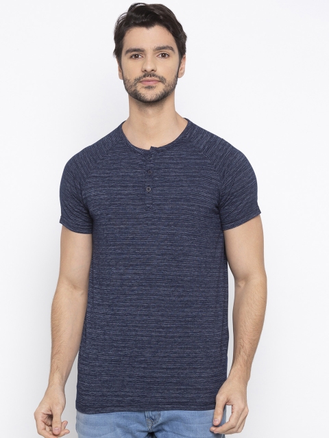 

SPYKAR Men Navy Blue Striped Henley Neck T-shirt