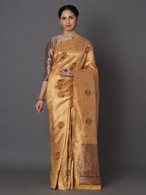 

Mitera Yellow & Gold-Toned Silk Blend Woven Design Kanjeevaram Saree